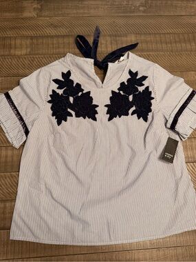 Striped Embroidered Floral Tie-Neck Women’s Top - Crown & Ivy